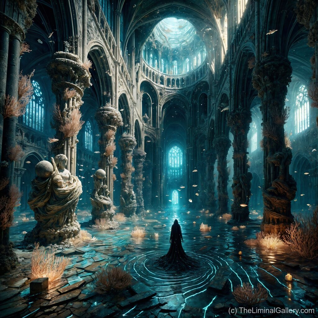 A hauntingly beautiful cathedral submerged in glowing waters, radiating mystery and ancient allure.